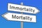 Immortality or mortality concept on the road signpost, 3D render