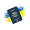 Immune Passport, against the background of the flag of Ukraine. For entering the country, people vaccinated or recovered