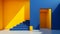 the impact of a vibrant yellow doorway set within a minimalist abstract interior dominated by shades of deep blue