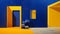 the impact of a vibrant yellow doorway set within a minimalist abstract interior dominated by shades of deep blue