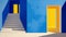 the impact of a vibrant yellow doorway set within a minimalist abstract interior dominated by shades of deep blue