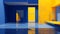 the impact of a vibrant yellow doorway set within a minimalist abstract interior dominated by shades of deep blue