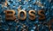 Impactful BOSS text in bold golden 3D letters against a textured crumpled dark background, symbolizing strong leadership and