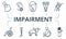 Impairment icon set. Collection contain blindness, deafness, dumbness, wheelchair and over icons. Impairment elements