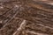 An impassable road, off-road track in autumn forest. Deep ruts in the slushy autumn road