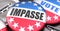 Impasse and elections in the USA, pictured as pin-back buttons with American flag colors, words Impasse and vote, to symbolize