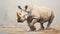 Impasto Minimalistic Zen Painting Of Rhinoceros On Soft Beige Background