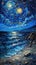 Impasto, starry sky and sea, a singular of texture and depth, capturing the ethereal beauty and mystique of celestial