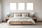 The impeccably arranged vintage bedroom features a trio of clean frames with blank white inserts. AI Generated