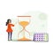 Impending menopause concept. Illustration of woman, hourglass and calendar on white background