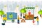 Import fruits icons, supplier brought tomatoes crates on van, vector illustration. Seller behind counter with vegetables