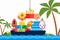 Import tropical fruits on ship by ocean vector illustration. Natural products, peach, avocado, apricot stand on