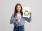 Importance Of Recycling. Millennial Eco-Activist Lady Demonstrating Placard With Green Recycle Sign