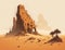 An imposing ancient ruin standing alone in the middle of a vast desert. Lifestyle concept. AI generation