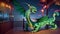 Imposing green dragon crouching on an ornate wooden balcony, overlooking a bustling night cityscape