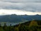 Imposing landscape with trees behind it a lake and mountains in the background with clouds