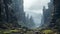Imposing Monumentality: A Cinematic Sci-fi Landscape With Sharp Boulders And Rocks