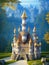 Imposing and ornate fantasy castle, carved in sapphire stone, tall building, huge stone castle, autumn castle