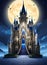 Imposing and ornate fantasy castle, carved in sapphire stone, tall building, huge stone castle, moonlight