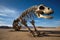 Imposing skeleton of a large dinosaur its massive tail stretching out into the horizon.. AI generation