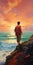 Impressionism Art: Richard\\\'s Side View On Cliff With Sunrise And Roaring Ocean