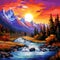 Impressionist art style depicting a majestic mountain range and picturesque valley