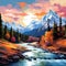 Impressionist art style depicting a majestic mountain range and picturesque valley