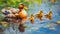 Impressionist Family Of Ducks In A Pond