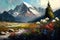 Impressionist Mountain Landscape Oil Painting, Snowy Peak and Summer Field with Flowers, Peaceful View