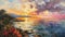 impressionist oil painting, beautiful, dramatic, Puglia Sunset in Italy during Summertime