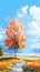 Impressionist painting of an autumn tree with a blue sky and white clouds in the background