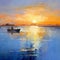 Impressionist Painting Of Fishing Boat At Sunset On Calm Water