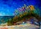 An impressionist painting style image of a sandy dune beach with bull rushes