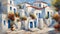 impressionist painting of a sunlit traditional greek village with ancient white houses in summer sunlight