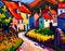 impressionist style painting of a street of brightly painted houses in a traditional English village in summer