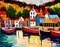 impressionist style painting of a street of brightly painted houses in a traditional seaside village in summer