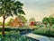 Impressionist Village Scene with Stream Vintage Oil Painting