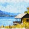 Impressionist watercolor of cabin on lake