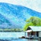 Impressionist watercolor of cabin on lake