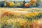 impressionist watercolor painting of a autumn meadow landscape with trees in the distance