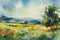 impressionist watercolor style painting of a meadow landscape with hills in the distance and a blue sky