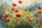 impressionist watercolor style painting of poppies and wildflowers in a summer meadow