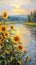 Impressionistic oil sunflowers river sunset background radiate connection loosely cropped nirvana oregon yellow blue