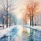 Impressionistic Winter Street Painting On Canvas With Reflections