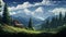 Impressive Anime-influenced Mountain Cabin Painting With Lush Landscape Backgrounds
