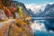 Impressive autumn scene of Vorderer  Gosausee  lake with Dachstein glacier on background. Great morning view of Austrian Alps, U