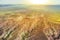 Impressive beautiful flight of balloons over mountains at dawn