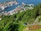 Impressive Bergen& x27;s harbor view and the funicular or Floibanen heading to the top of Mount Floyen, Bergen