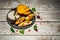 Impressive Cheese Plate or cheese platter snacks for Wine. Brushetta with mango, Camembert cheese and pomegranate served on a