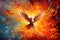Impressive colorful artwork of a white winged dove, a representation of the New Testament Holy Spirit with a fire background